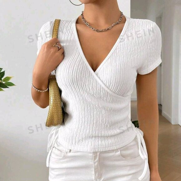 SHEIN Tops - SHEIN EZwear Solid Color Wrap & Cinched Waist Shirt For Summer- XS